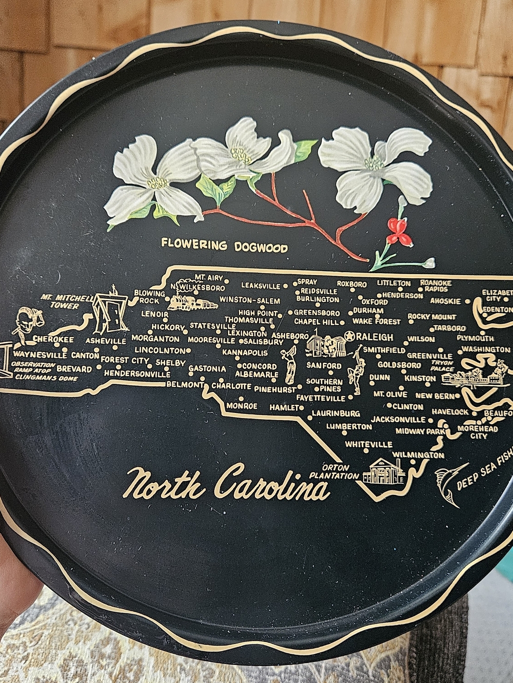 Vintage North Carolina Flowering Dogwood Decorative Drink Tray MCM Drinkware Bar